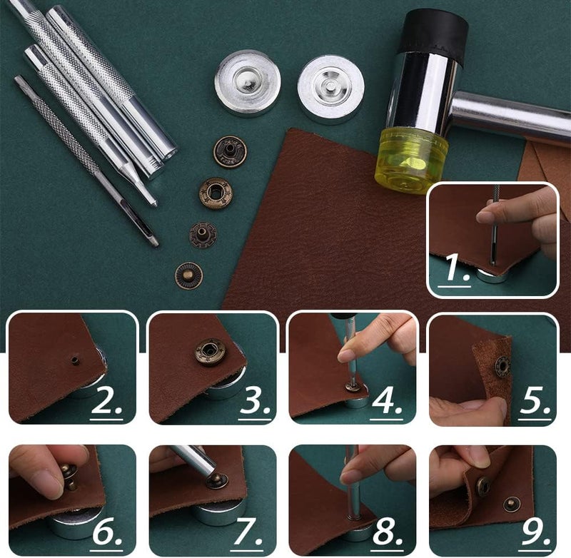 Yizzvb 320 Pcs Leather Rivets Kit, 60 Pcs Leather Snap Fasteners, 2 Size Double Cap Rivets Tubular, Double-Sided Nylon Hammer Fixing Tool Kit, Installation Tools for DIY Projects, Shoes and Repair - Image 5